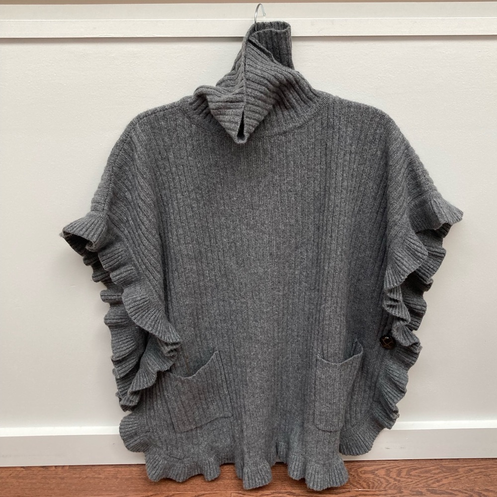 sara campbell turtleneck wool pullover cape poncho ruffles pockets